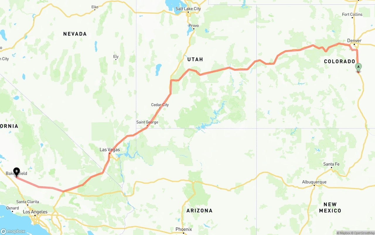 Shipping route from Colorado Springs to Bakersfield