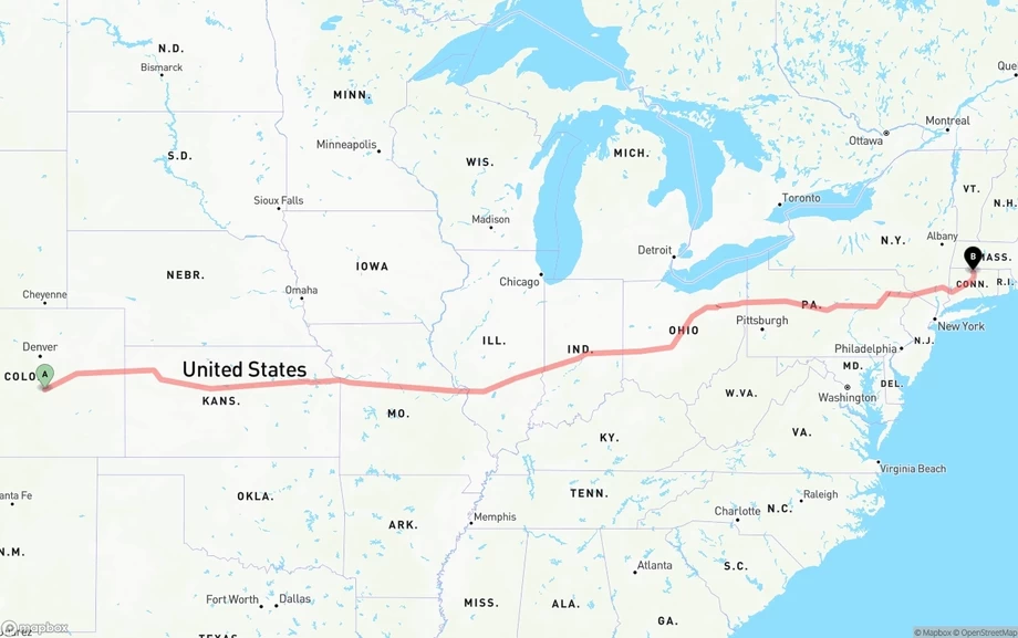 Colorado Springs to Bradley International Airport freight shipping route map