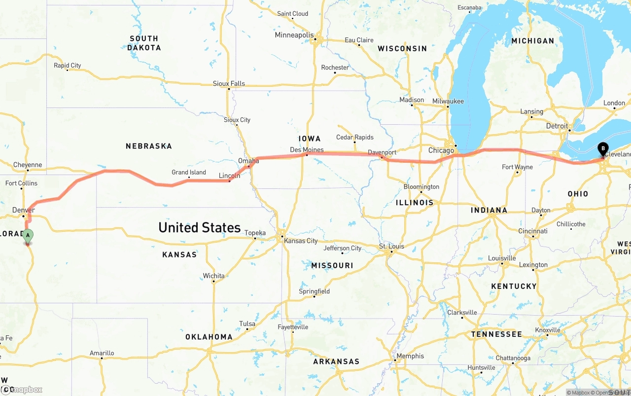 Shipping route from Colorado Springs to Cleveland