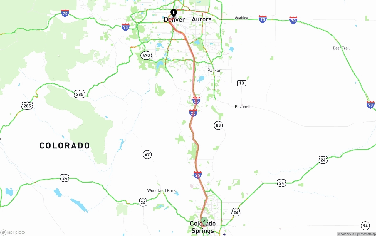 Shipping route from Colorado Springs to Denver