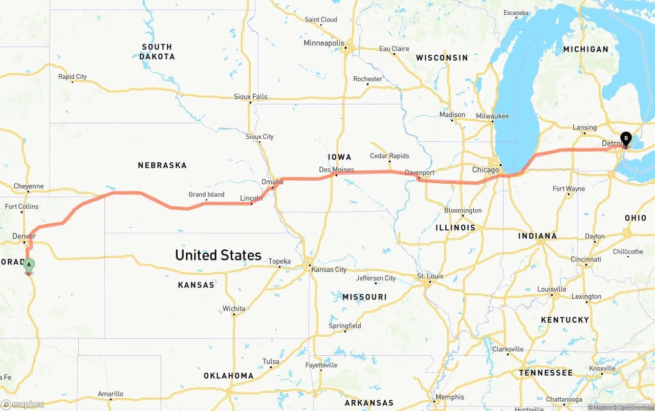Shipping route from Colorado Springs to Detroit