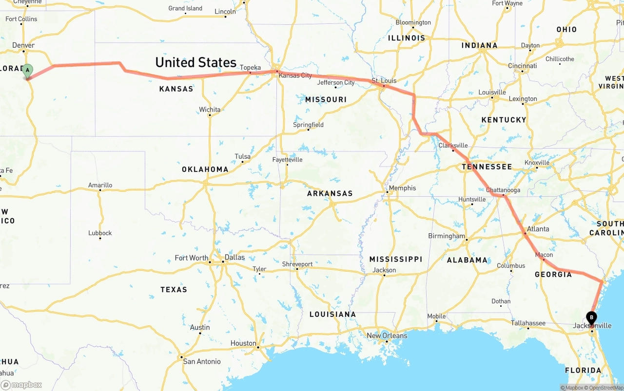 Shipping route from Colorado Springs to Jacksonville International Airport