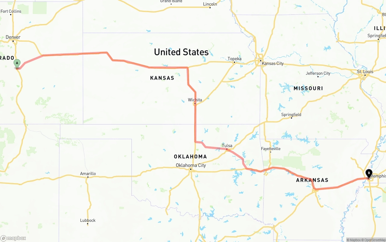 Shipping route from Colorado Springs to Memphis
