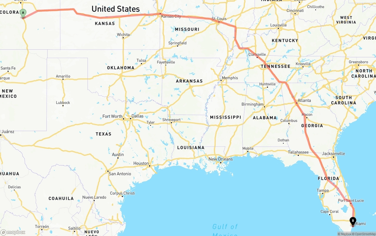 Shipping route from Colorado Springs to Miami