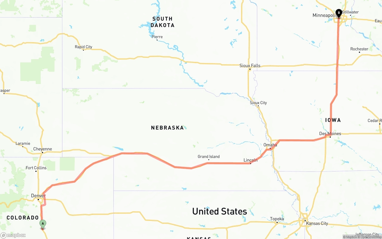 Shipping route from Colorado Springs to Minneapolis