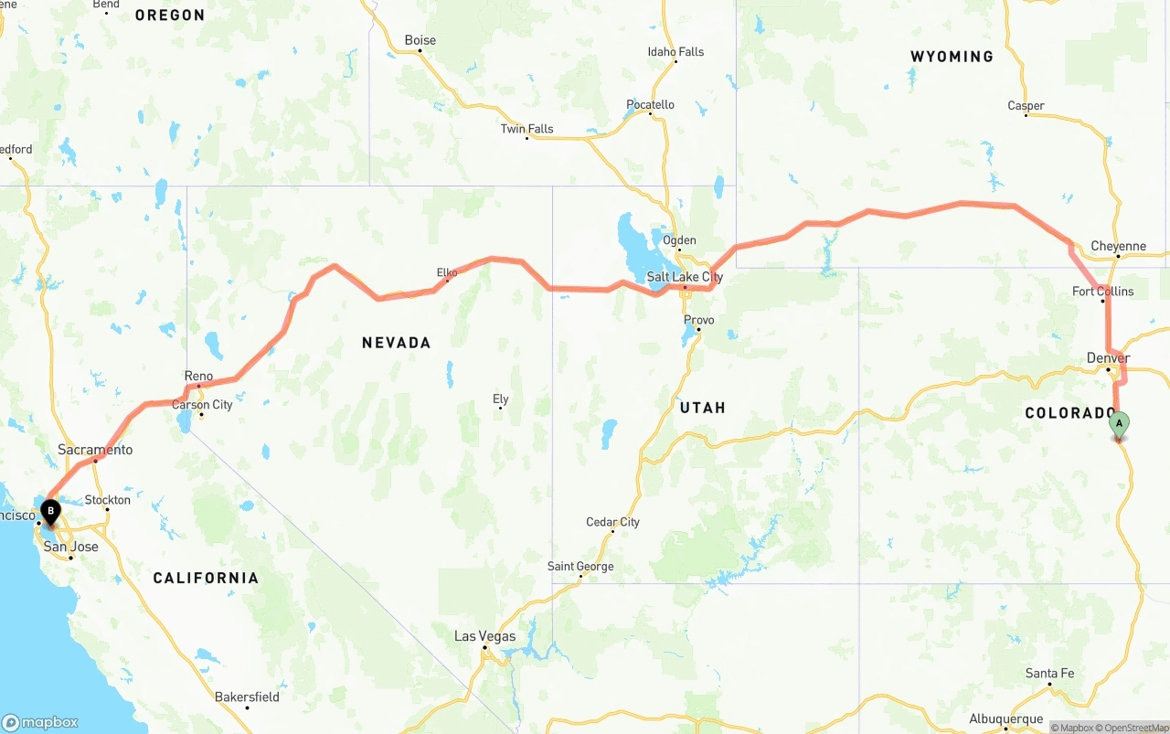 Shipping route from Colorado Springs to Oakland International Airport