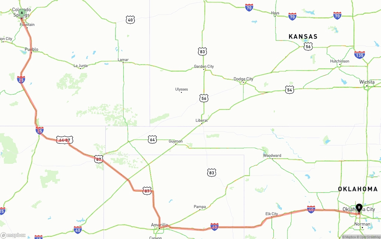 Shipping route from Colorado Springs to Oklahoma City