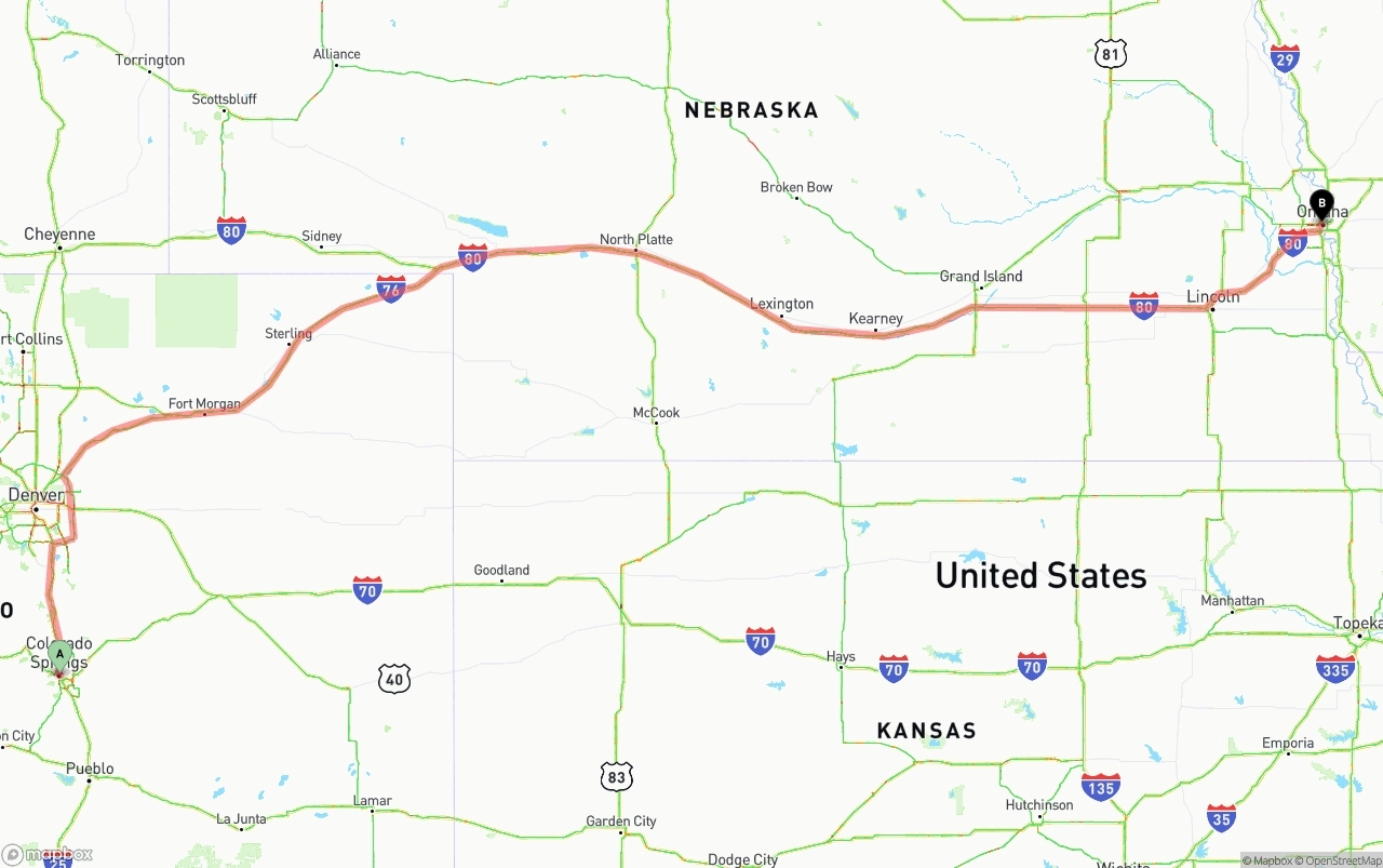 Shipping route from Colorado Springs to Omaha