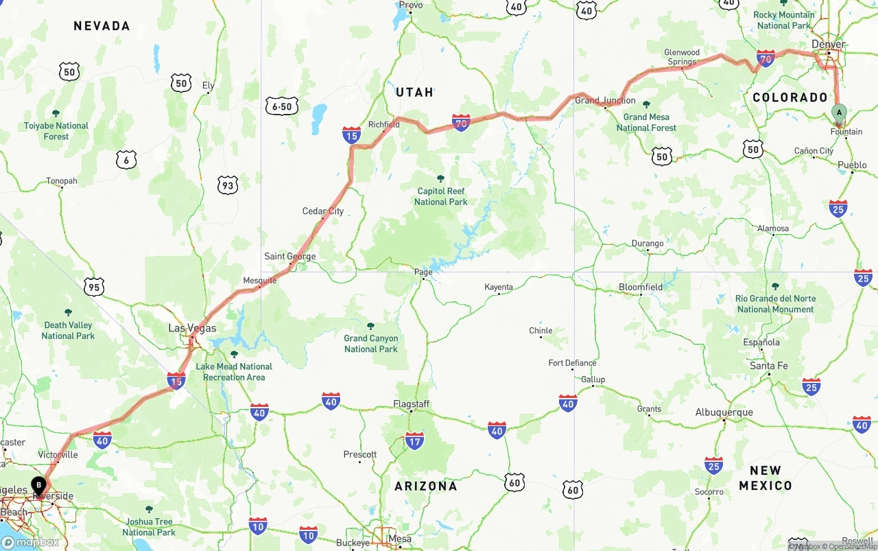 Shipping route from Colorado Springs to Ontario International Airport
