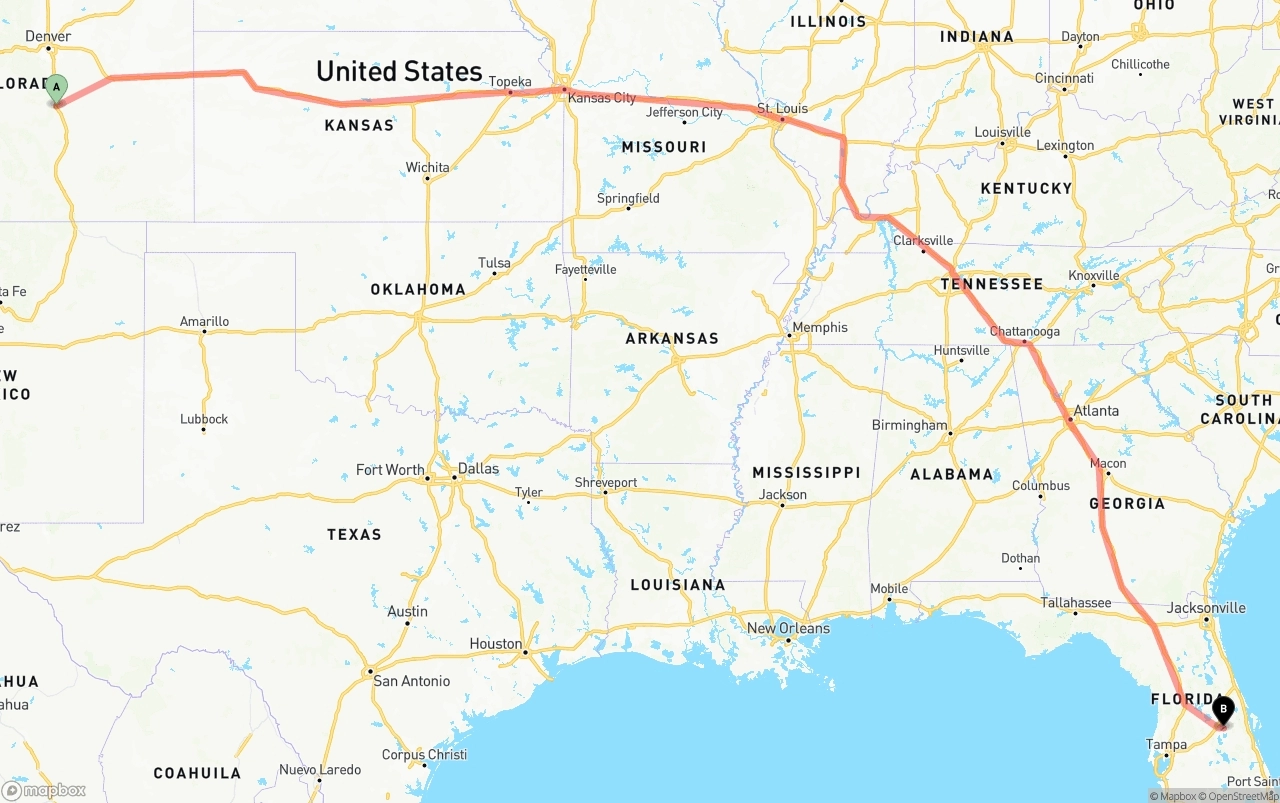 Shipping route from Colorado Springs to Orlando International Airport