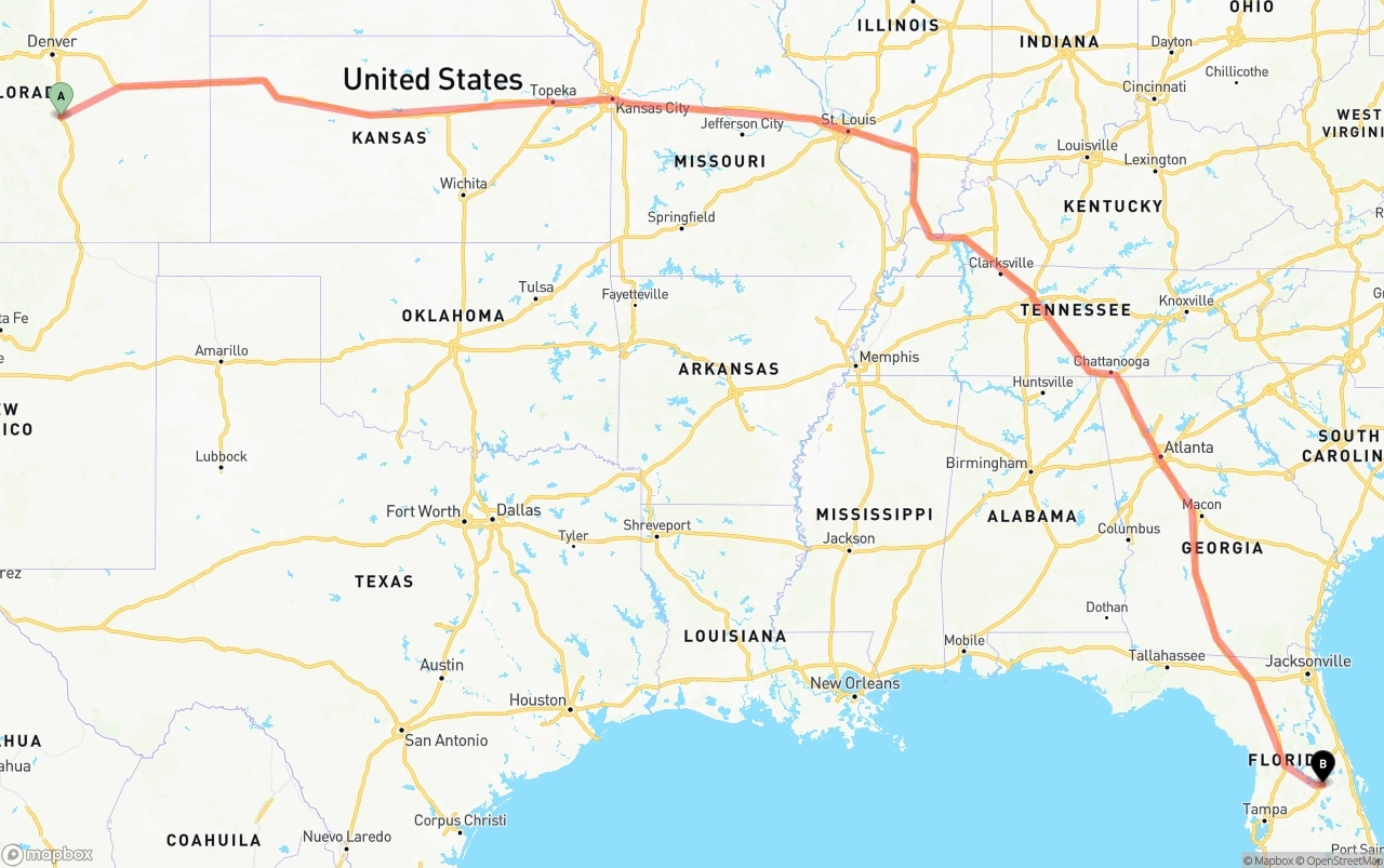 Shipping route from Colorado Springs to Orlando