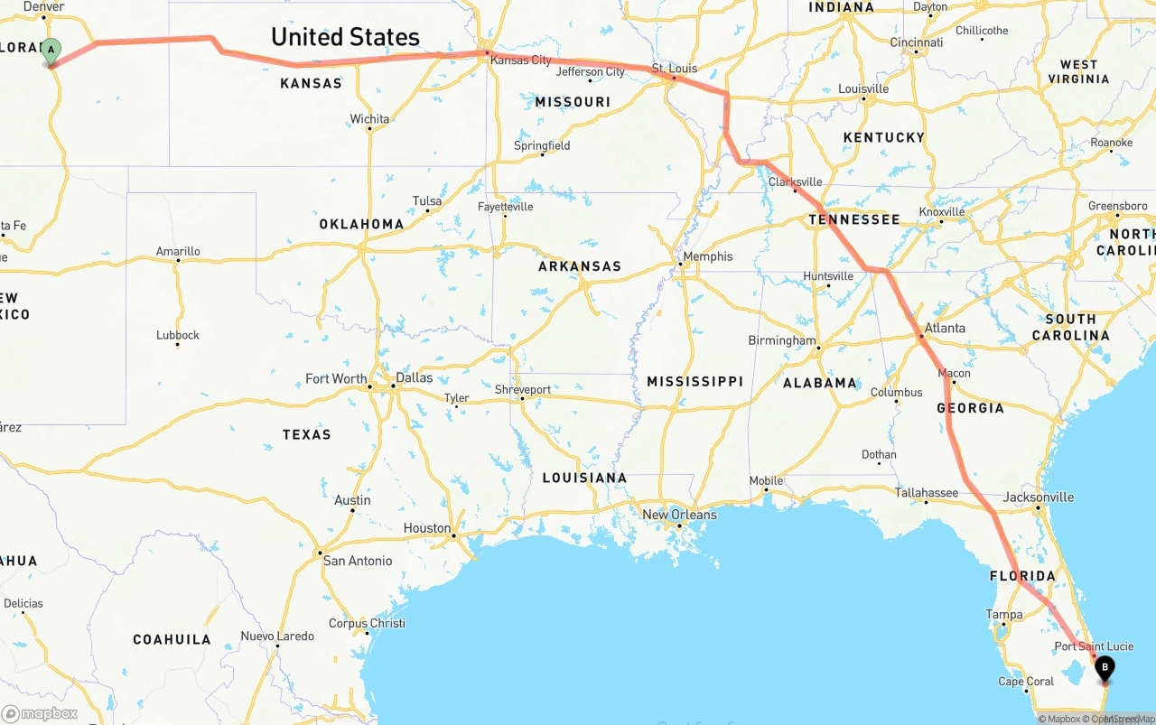Shipping route from Colorado Springs to Palm Beach International Airport