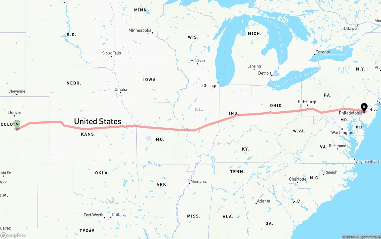 Shipping route from Colorado Springs to Philadelphia