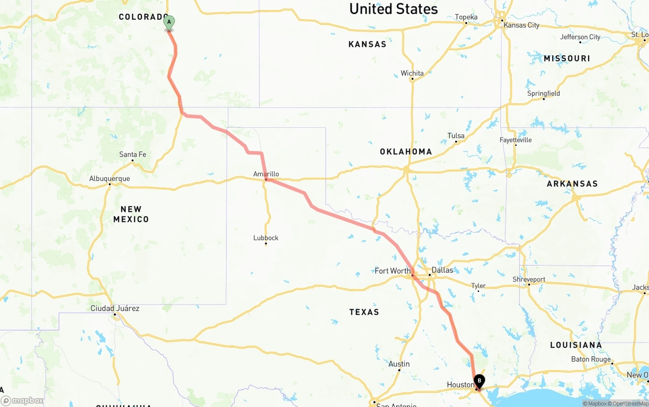 Shipping route from Colorado Springs to Port of Houston