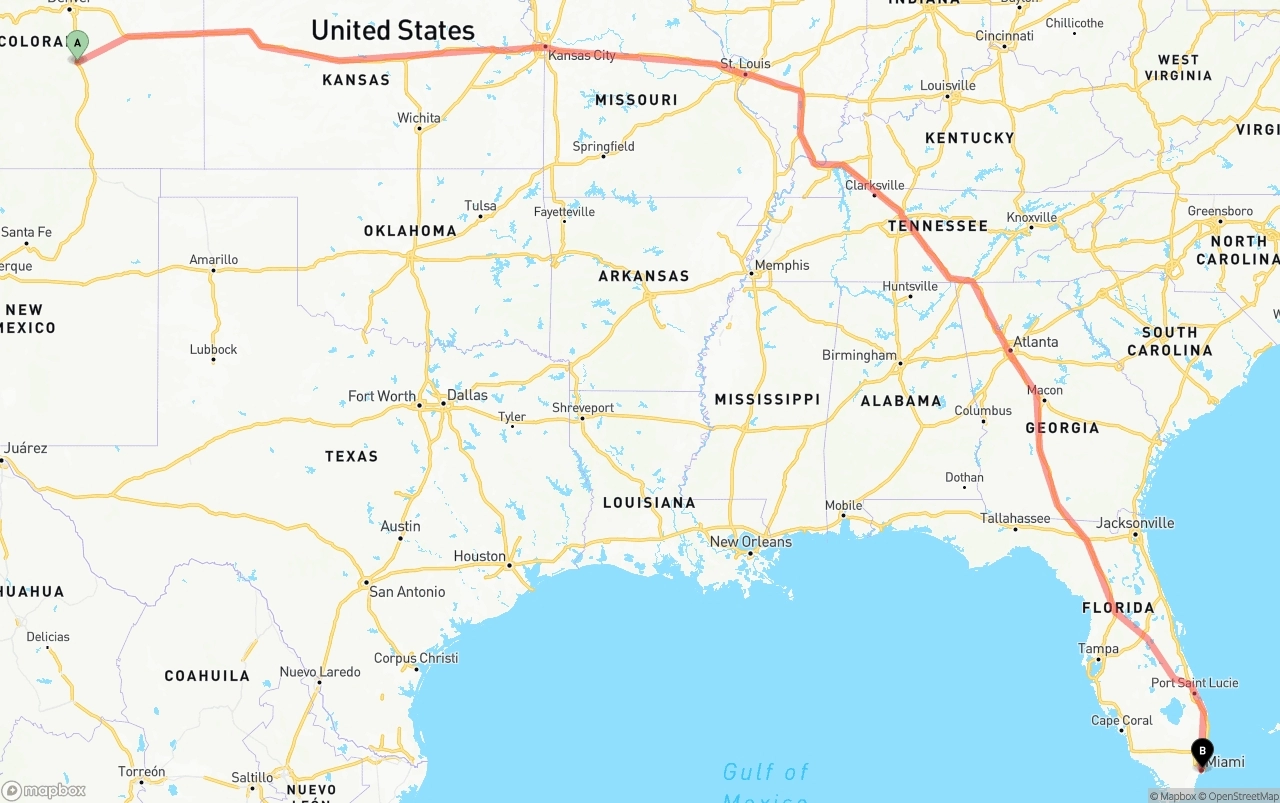 Shipping route from Colorado Springs to Port of Miami