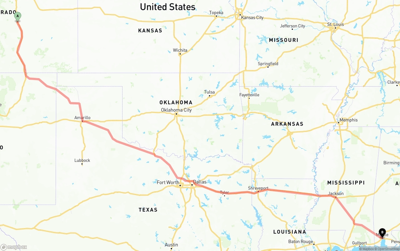 Shipping route from Colorado Springs to Port of Mobile