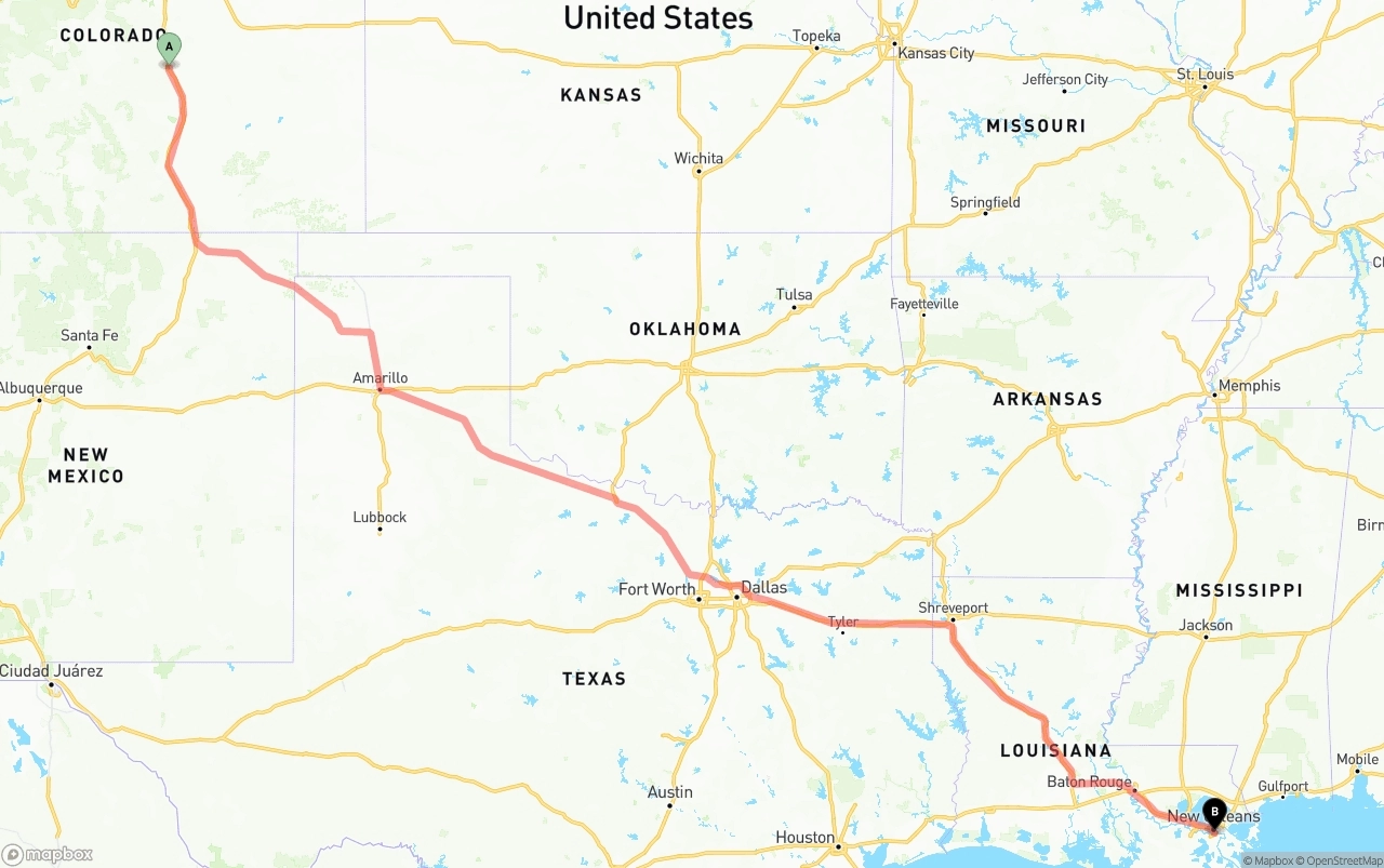 Shipping route from Colorado Springs to Port of New Orleans