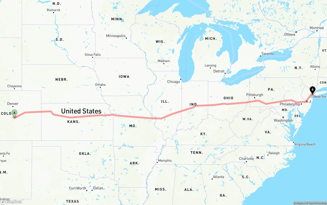 Shipping route from Colorado Springs to Port of New York