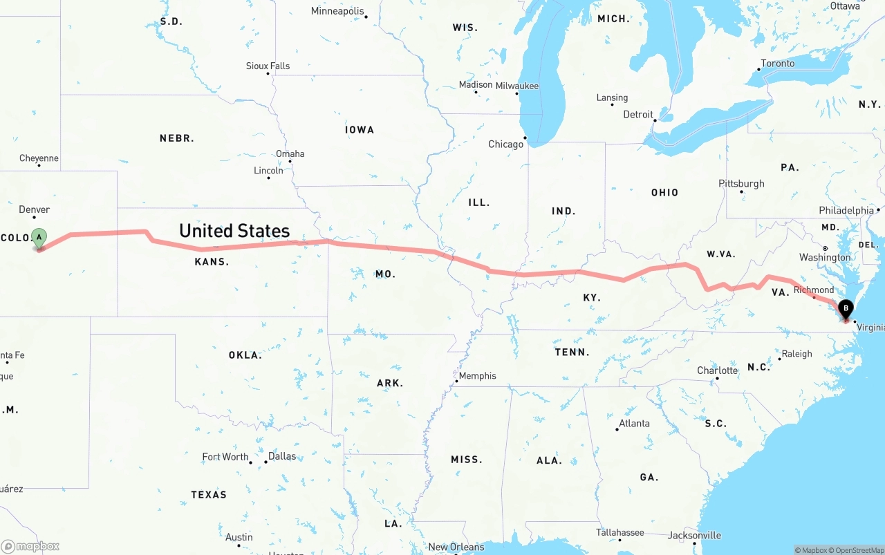 Shipping route from Colorado Springs to Port of Norfolk