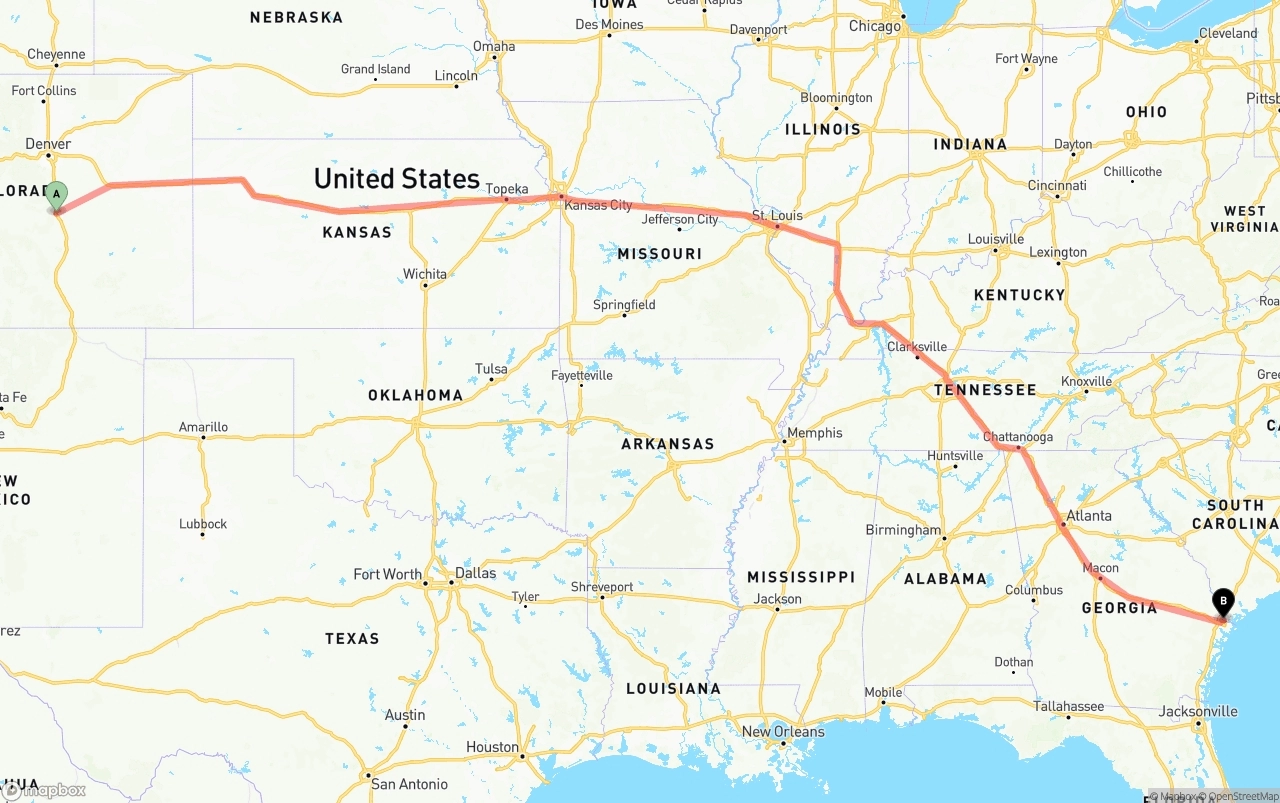 Shipping route from Colorado Springs to Port of Savannah