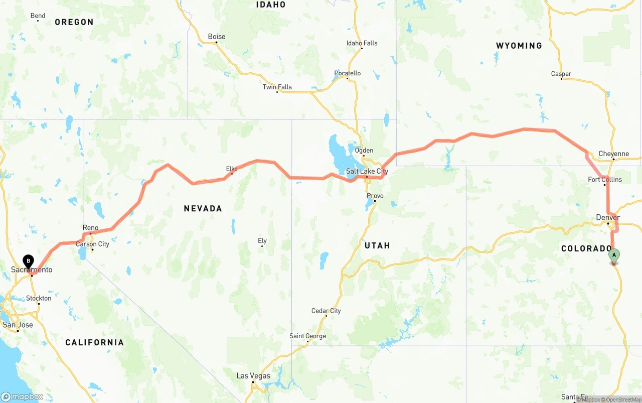 Shipping route from Colorado Springs to Sacramento International Airport