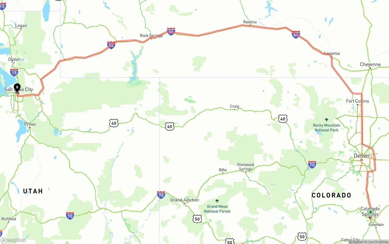 Shipping route from Colorado Springs to Salt Lake City