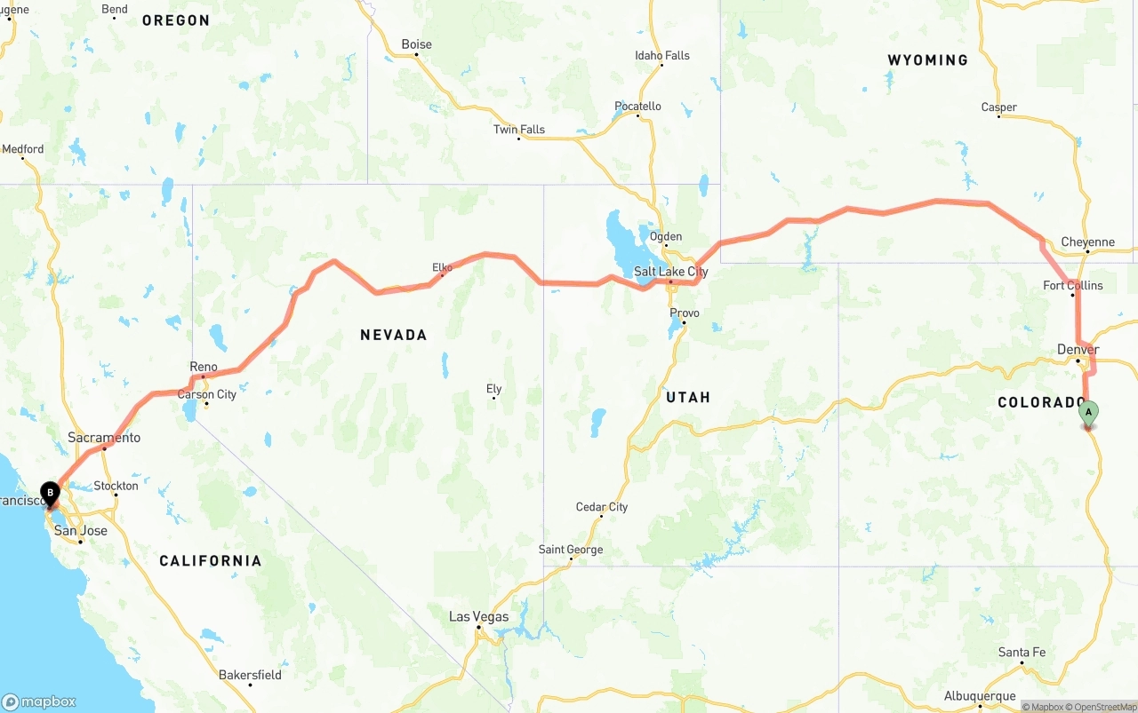 Shipping route from Colorado Springs to San Francisco