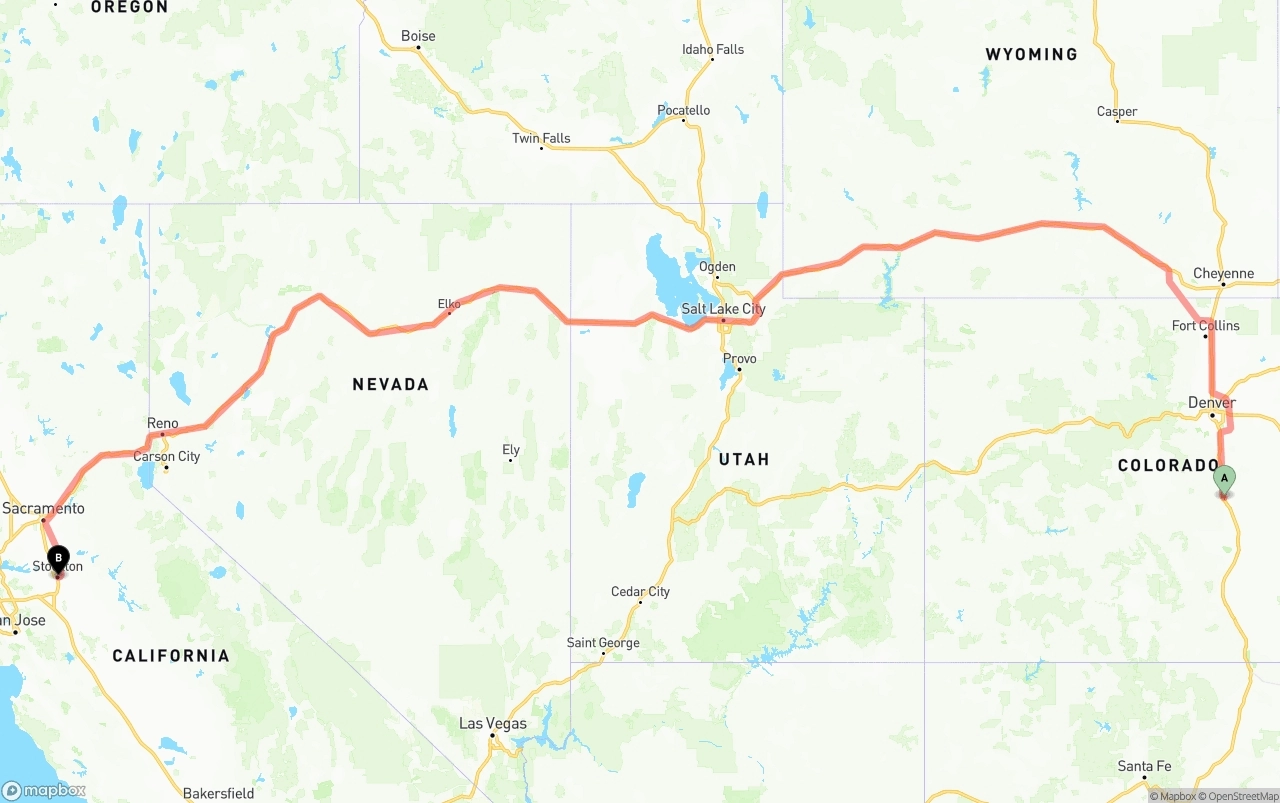 Shipping route from Colorado Springs to Stockton