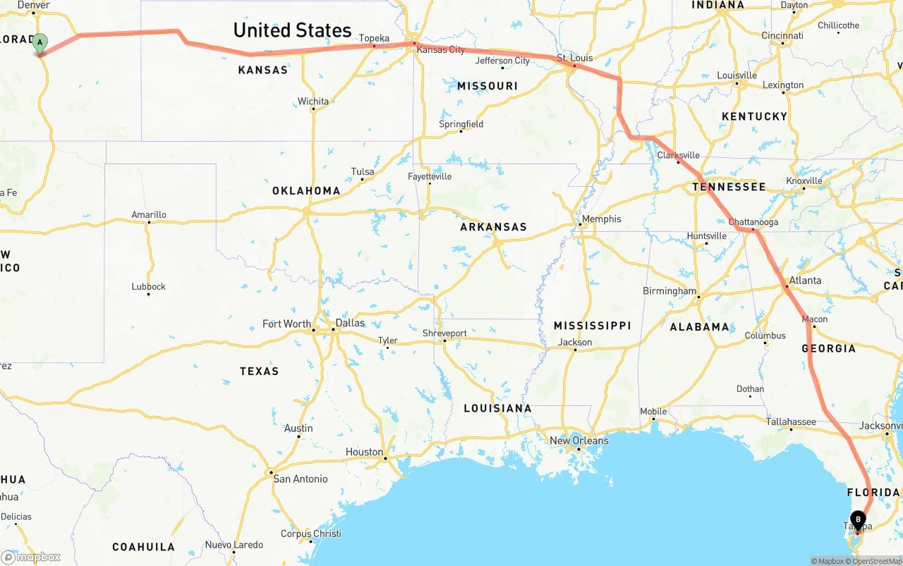 Shipping route from Colorado Springs to Tampa