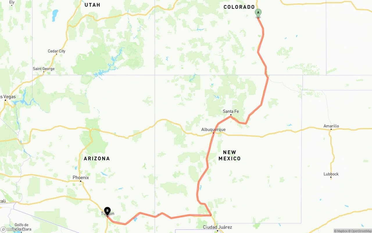 Shipping route from Colorado Springs to Tucson