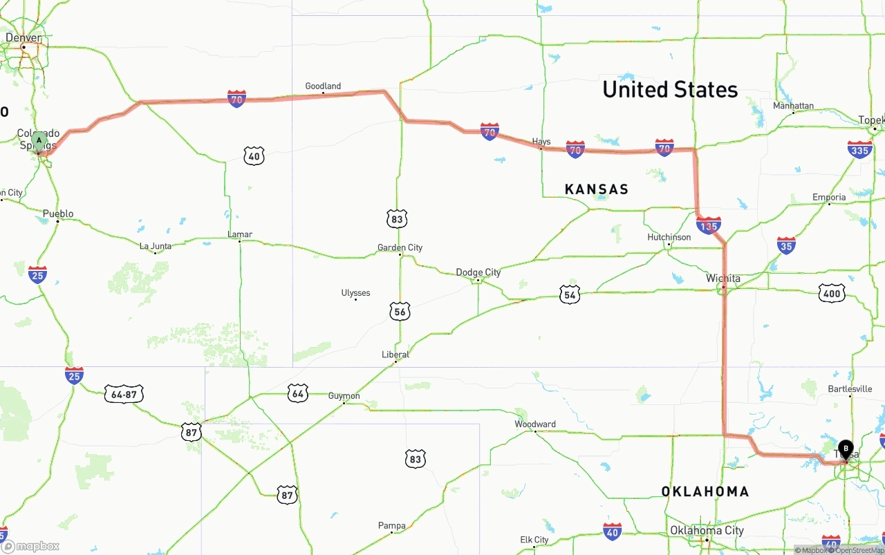Shipping route from Colorado Springs to Tulsa
