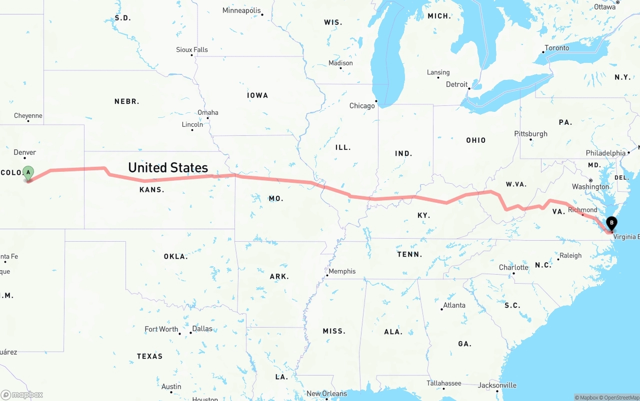 Shipping route from Colorado Springs to Virginia Beach