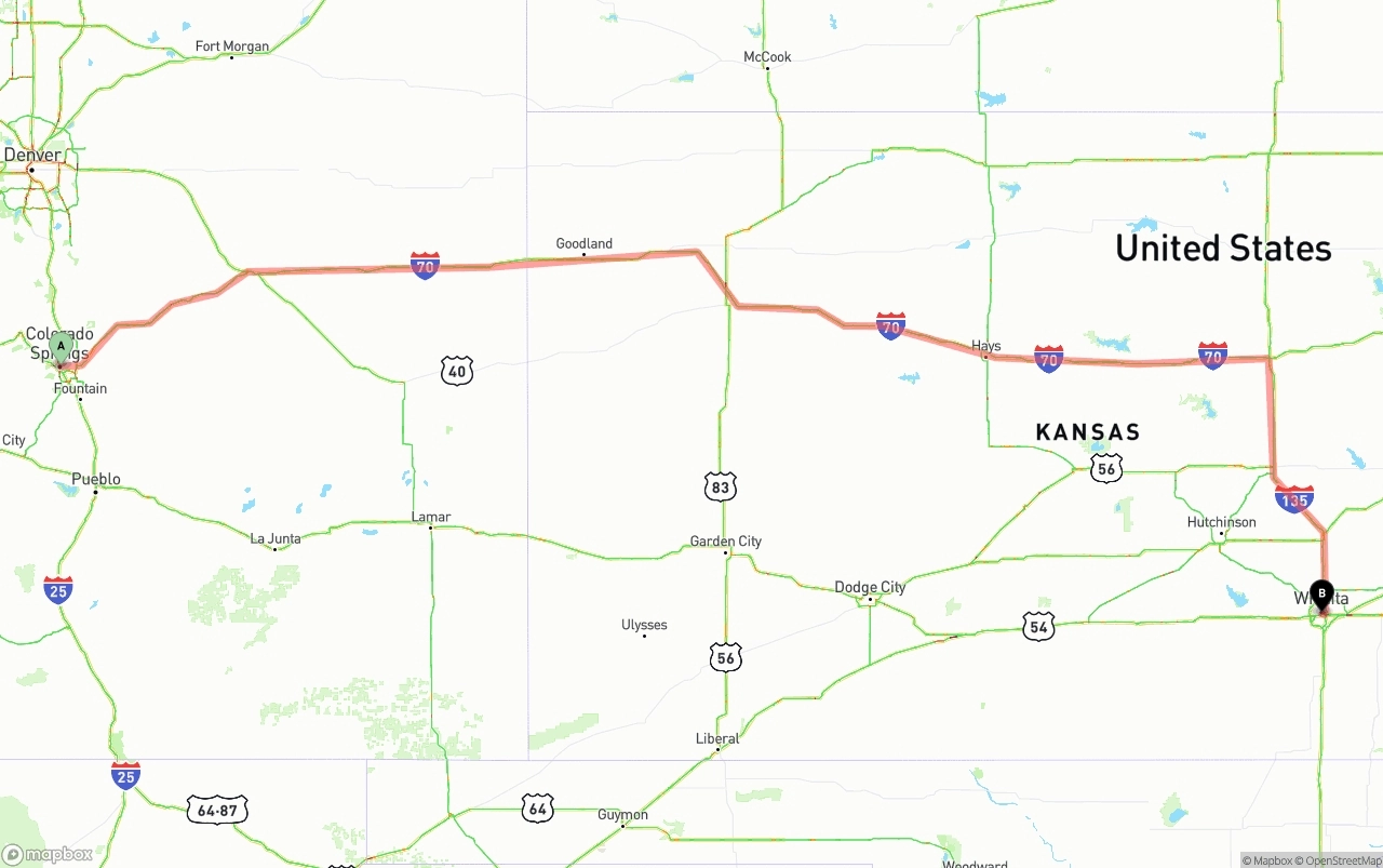 Shipping route from Colorado Springs to Wichita