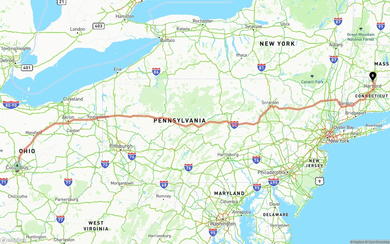 Shipping route from Columbus to Bradley International Airport