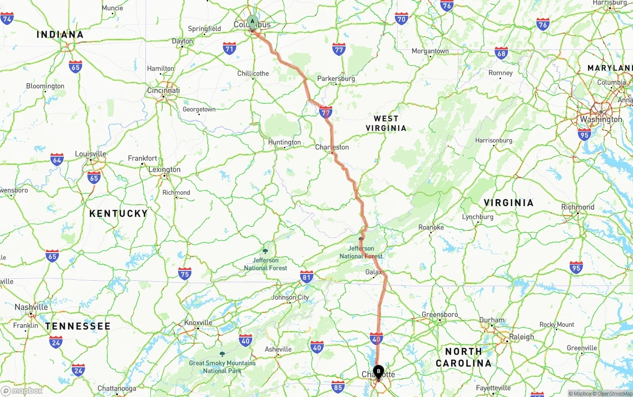 Shipping route from Columbus to Charlotte