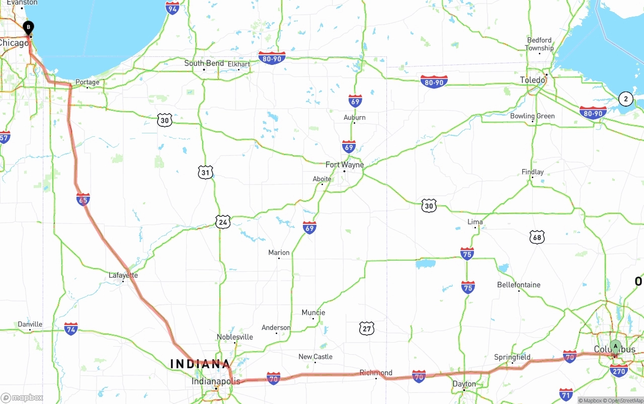 Shipping route from Columbus to Chicago