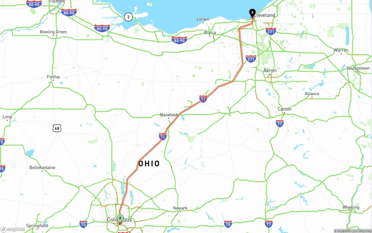 Shipping route from Columbus to Cleveland