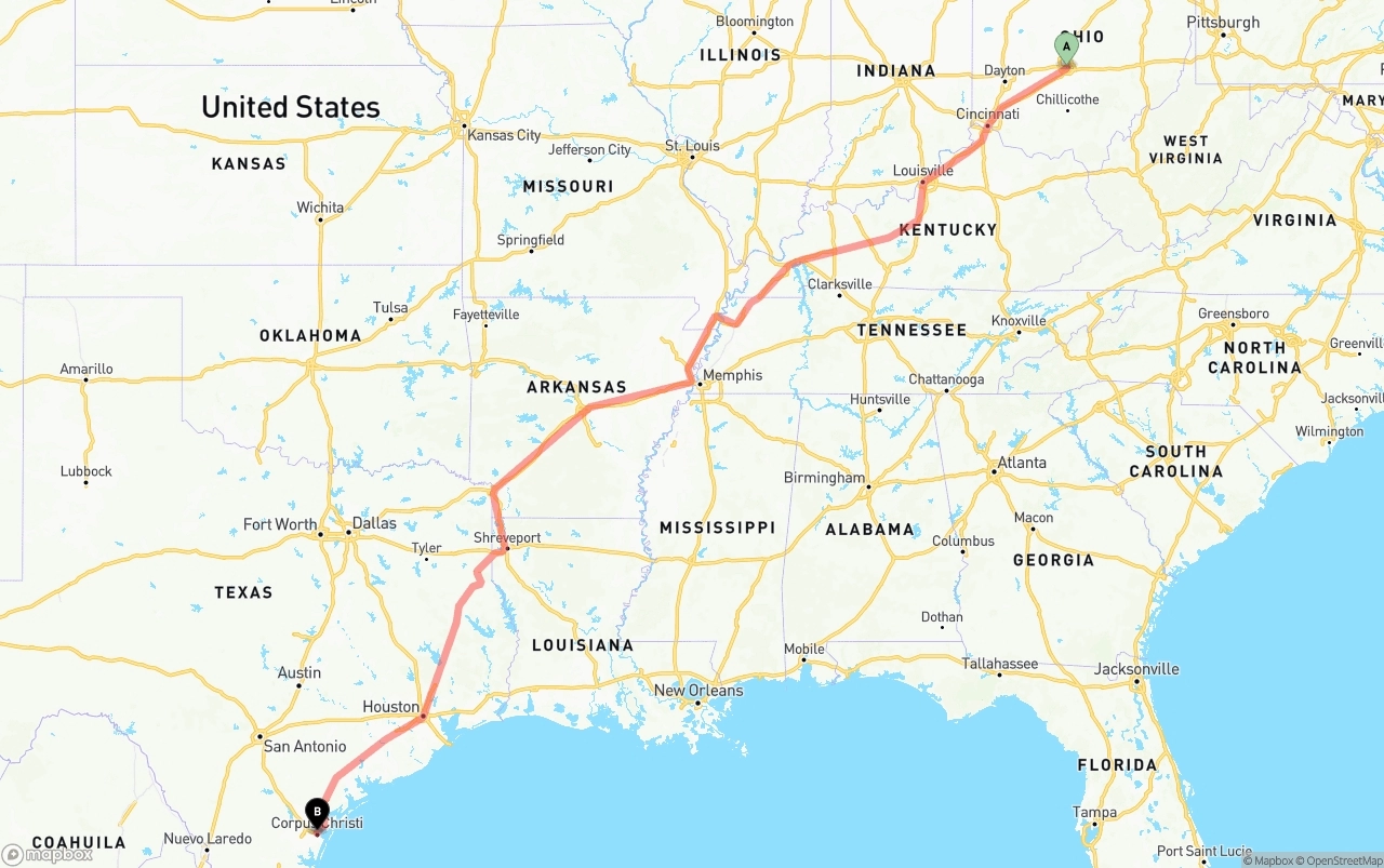 Shipping route from Columbus to Corpus Christi