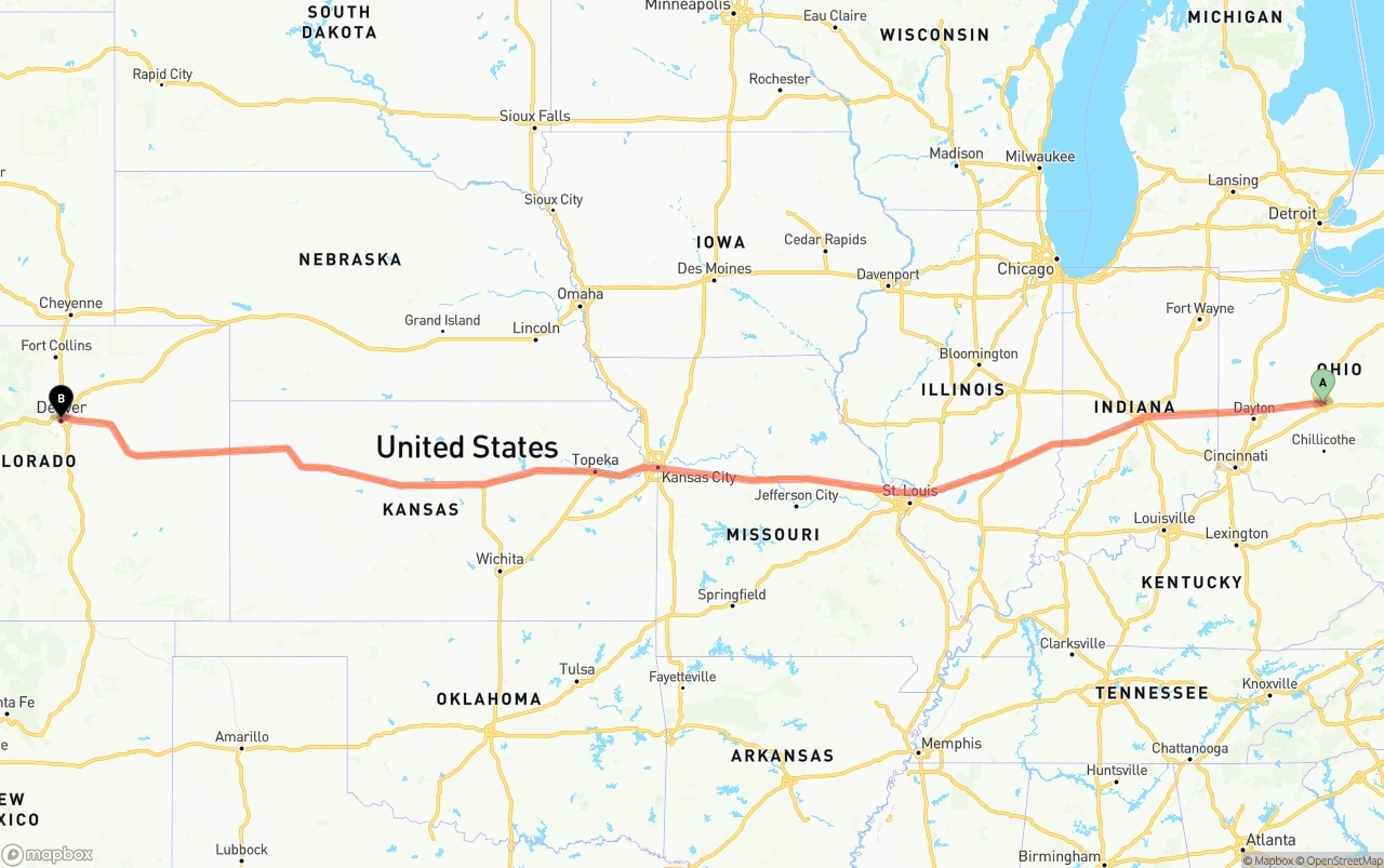 Shipping route from Columbus to Denver