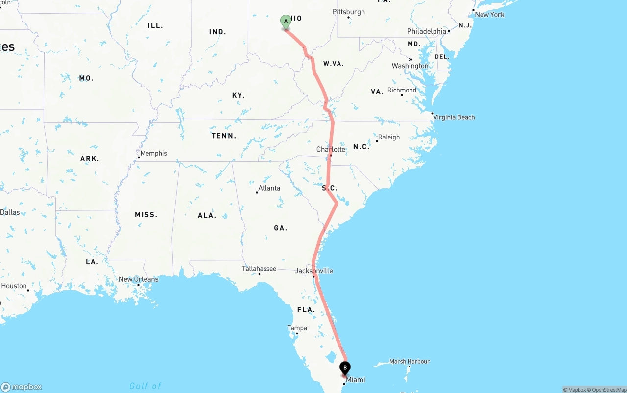 Shipping route from Columbus to Fort Lauderdale-Hollywood International Airport