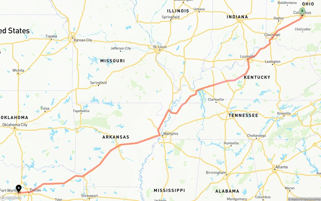 Shipping route from Columbus to Fort Worth