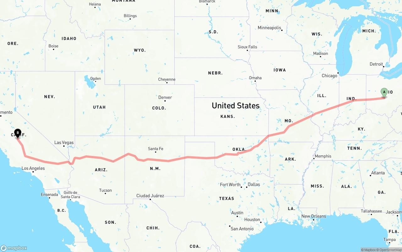 Shipping route from Columbus to Fresno