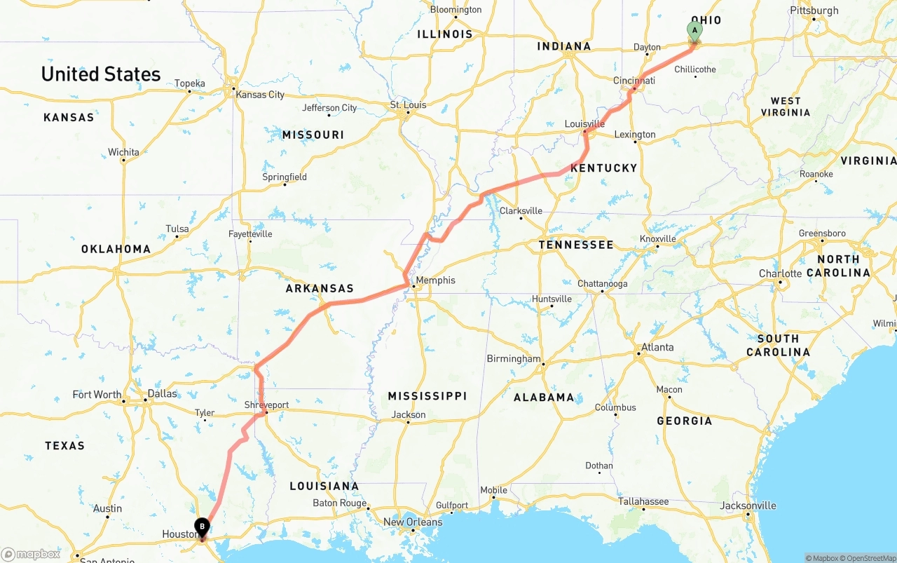 Shipping route from Columbus to Houston