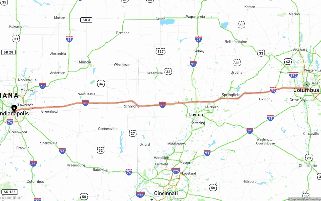 Shipping route from Columbus to Indianapolis