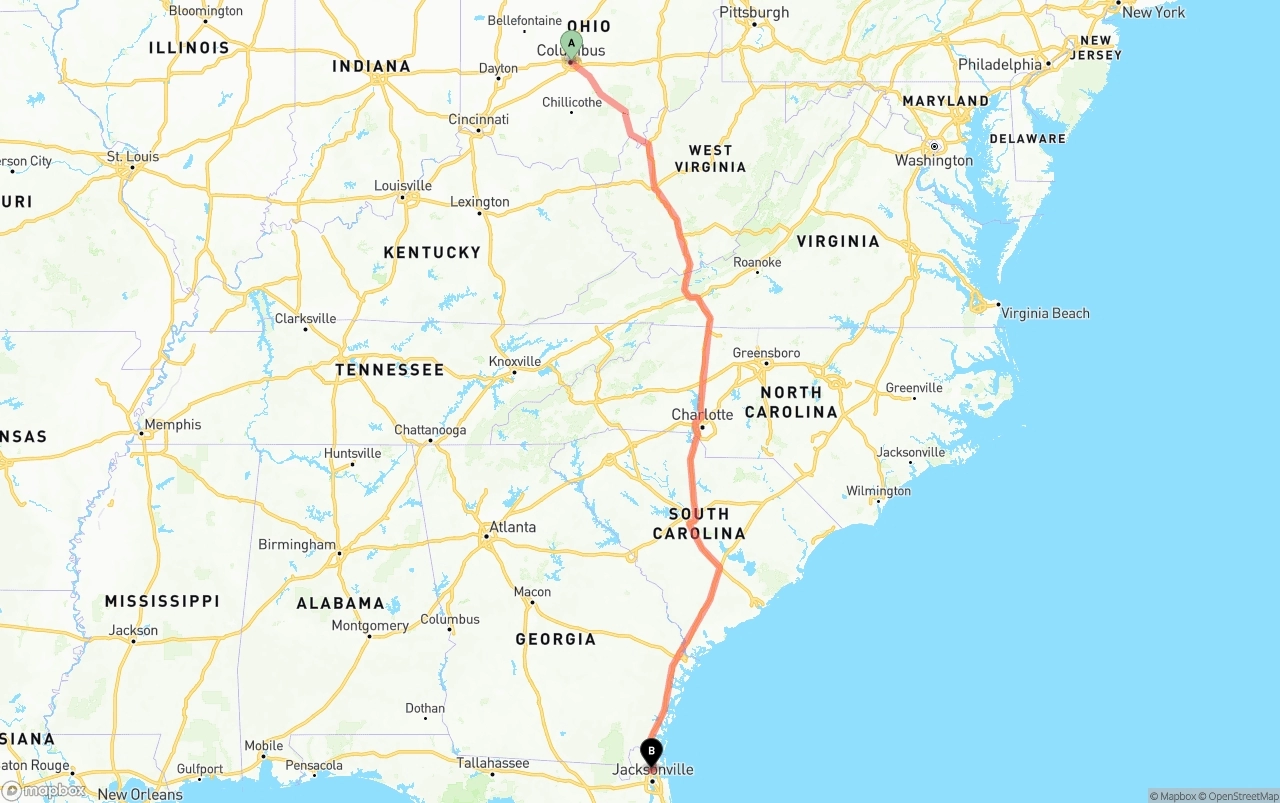 Shipping route from Columbus to Jacksonville International Airport