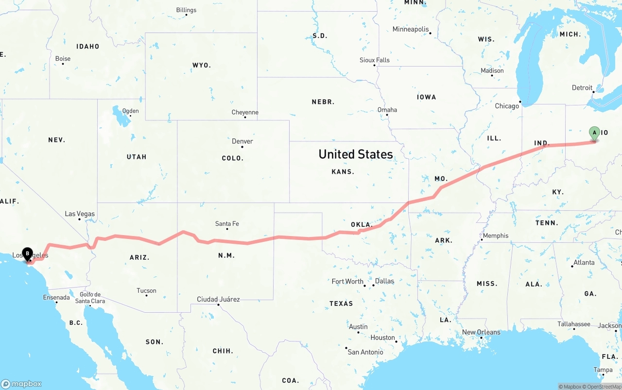 Shipping route from Columbus to Los Angeles International Airport
