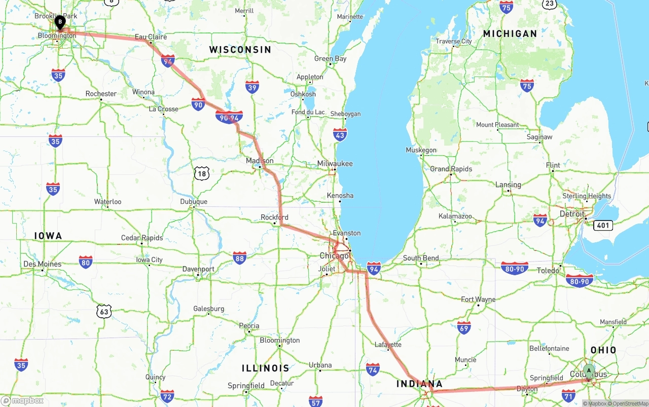 Shipping route from Columbus to Minneapolis