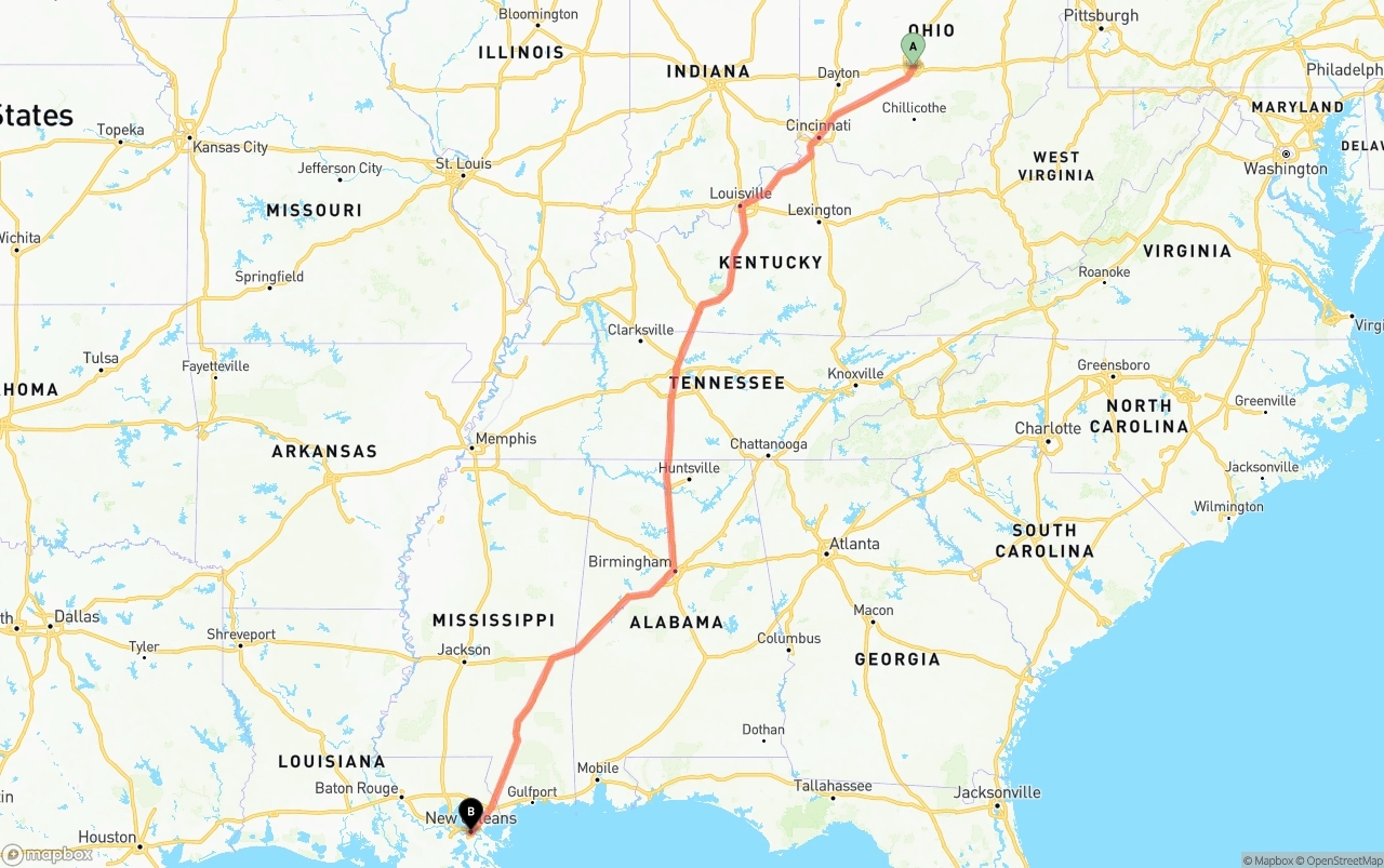 Shipping route from Columbus to New Orleans