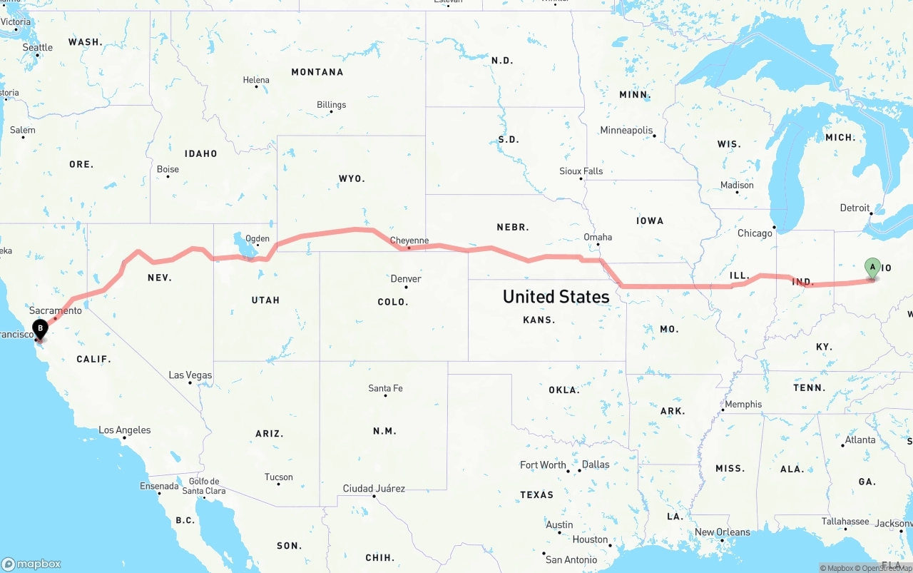 Shipping route from Columbus to Oakland International Airport