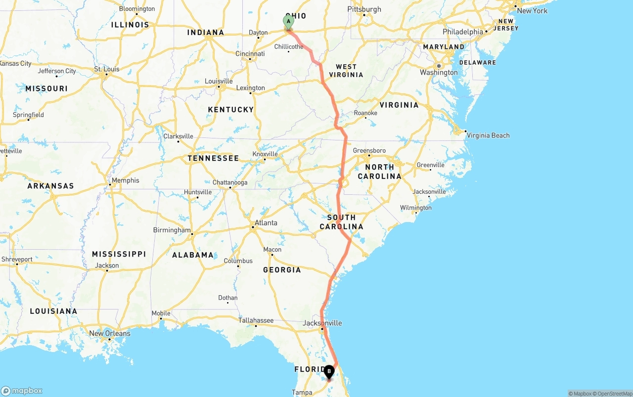 Shipping route from Columbus to Orlando